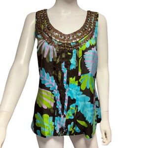 Tory Burch 100% Silk Tank Blouse Shirt Beaded Floral Tropical Green Blue -size 8